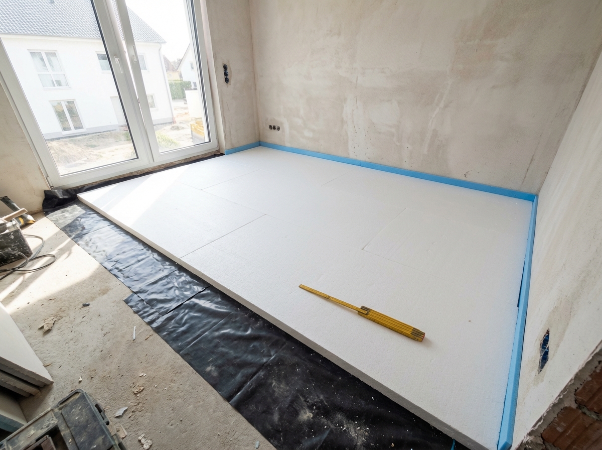 EPS-Trittschalldämmung Verlegung: Weiße Styroporplatten im versetzten Verband auf PE-Folie mit blauem Randdämmstreifen nach DIN 18560