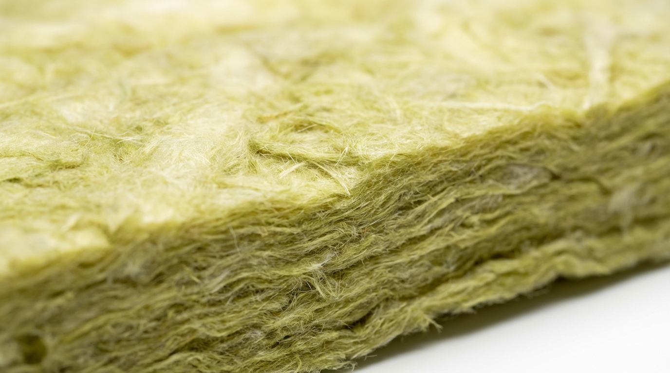 Mineralwolle Trittschalldämmung - Nicht brennbare Glaswolle-Dämmplatte Mineralwolle-Dämmplatte Nahaufnahme: Gelbe Glaswolle-Faserstruktur für Trittschalldämmung nach DIN EN 13162 - Brandklasse A1