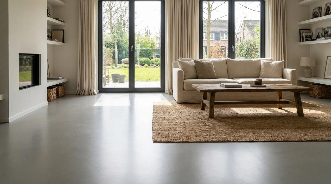 Polyurethan Bodenbeschichtung im modernen Wohnzimmer mit Kamin und Gartenblick