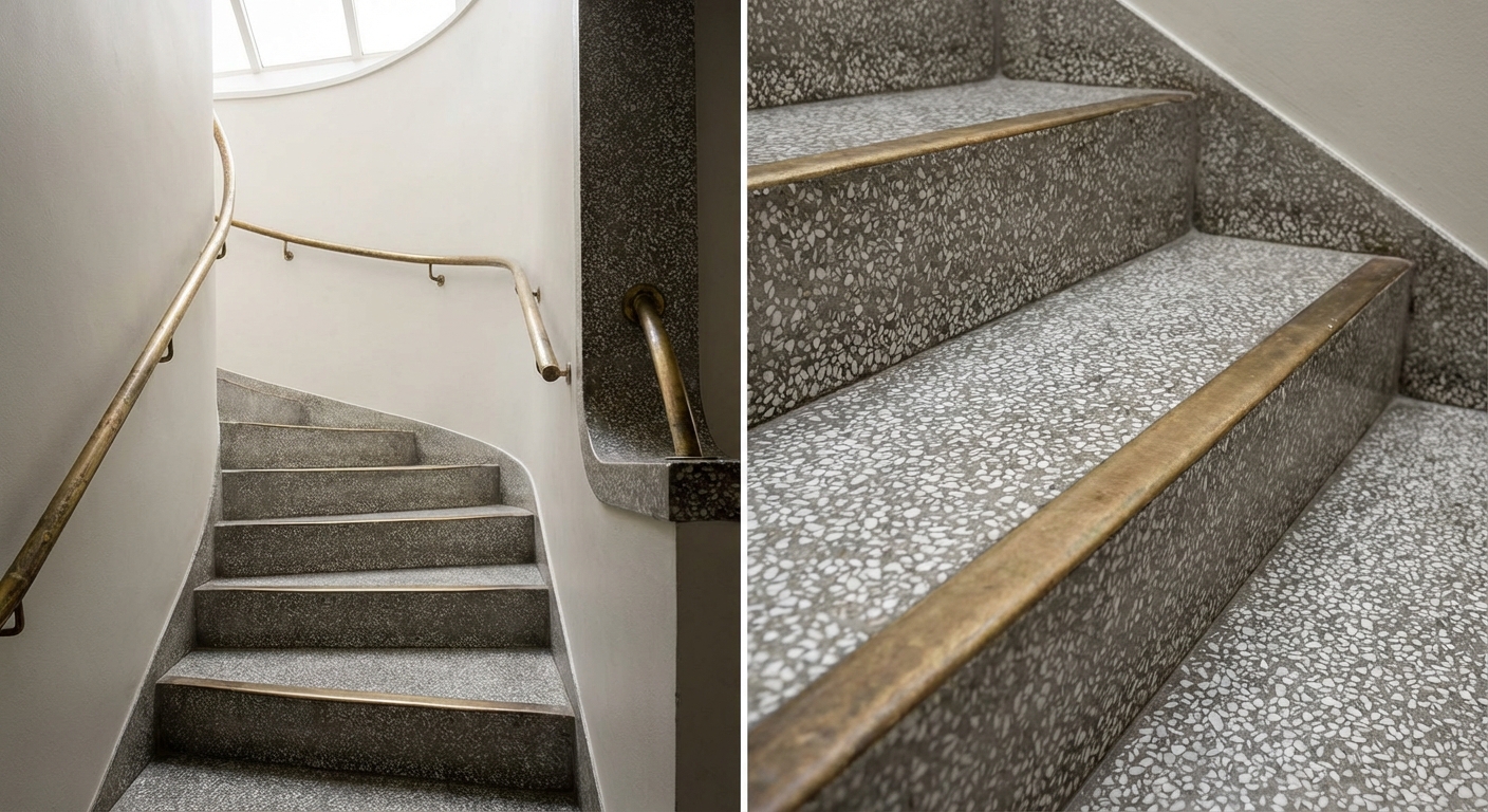 Terrazzo Treppenhaus mit grauem Granulat und elegantem Messing-Handlauf